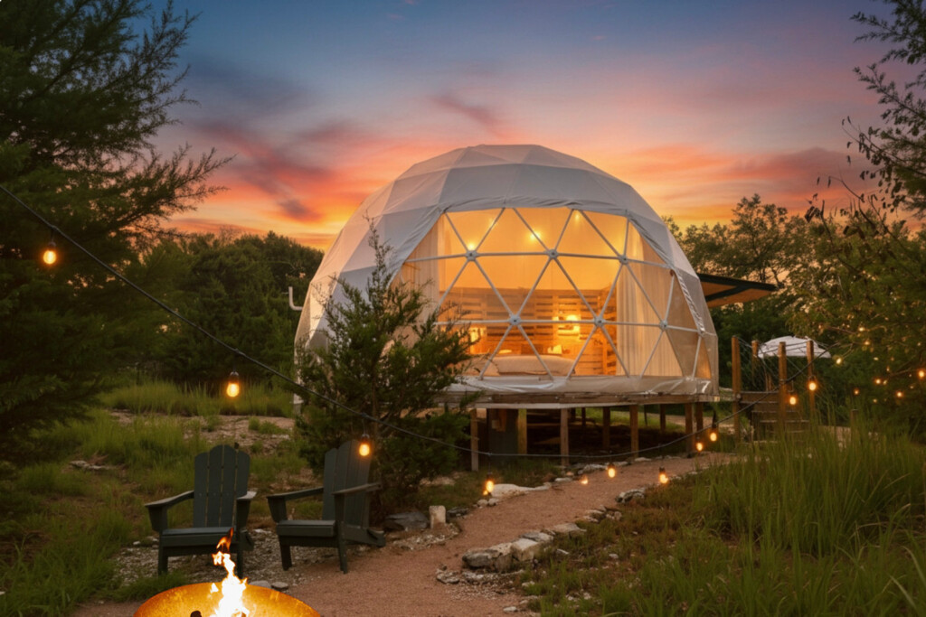 The Dome glowing at sunset among trees near Fredericksburg, Texas